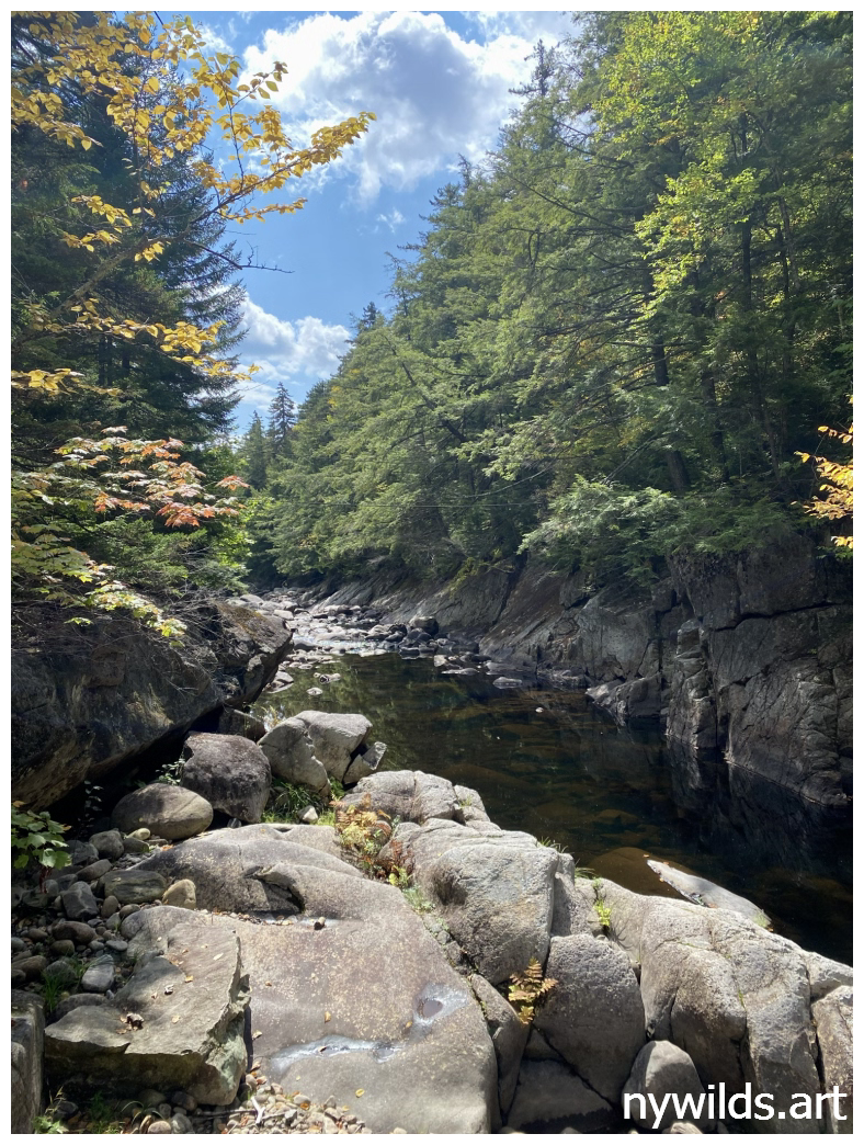 Gorge area along the Sacandaga River, with a view of the cliffs on the opposite bank.